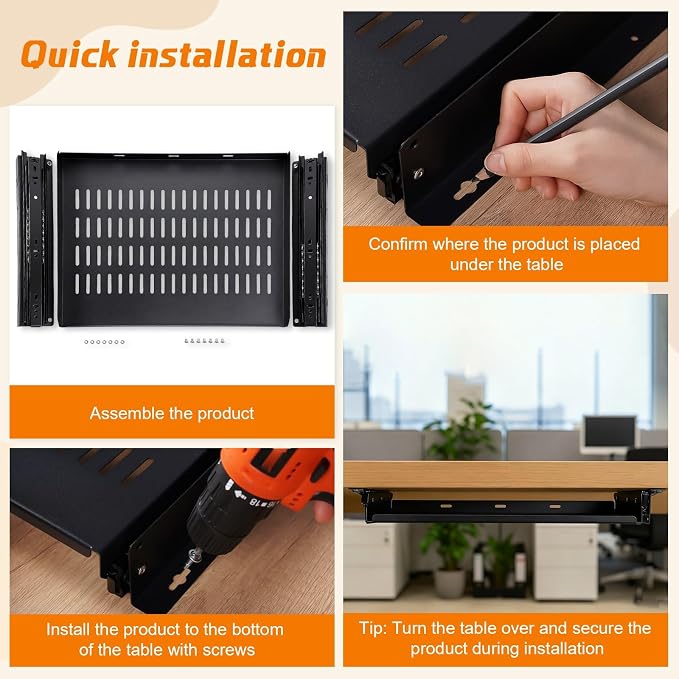 Sliding Under Desk Laptop Mount Shelf with Air Vents 16.3" W x 12" D Metal Under Desk Slide Out Tray Laptop Storage Tray for Home Office Standing Desks Workstations Cabinet Gaming - Image 6