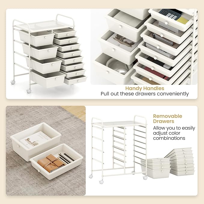 Giantex 12 Drawer Rolling Cart with Drawers, Storage Organizer Cart for Classroom Office School Teacher, Mobile Drawer Cart for Tools, Crafts, Small Printer, Ivory - Image 5