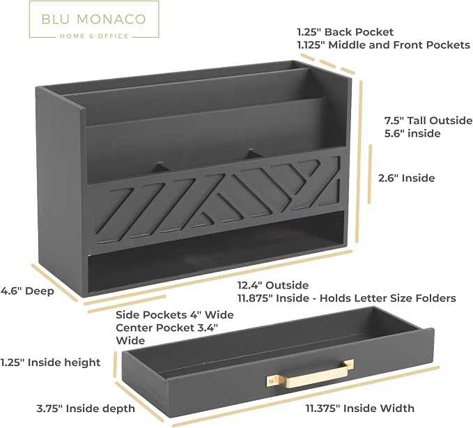 BLU MONACO | Wooden Mail Organizer with Drawer Gold Handle | Mail Sorter Organizer Countertop and Outgoing Mail Holder | Tabletop Organizer with Drawers Grey Desk Storage - Image 3
