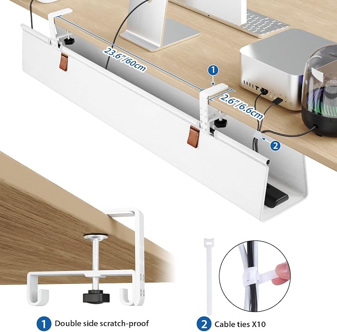 Zilink Large Cable Management Under Desk 40" No Drill Desk Cable Management Clamp/Screw Mount Fabric Cable Tray Sturdy Waterproof Cable Organizer for Office, Home, White - Image 4