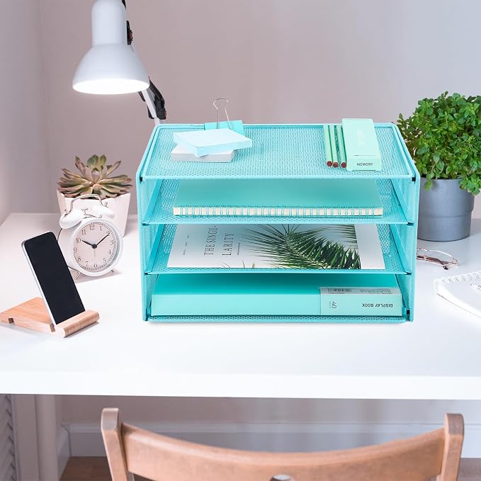 Paper Organizer Tray, 3 Tier Mesh Desk File Organizer Letter Sorter Holder for Home Office, Blue - Image 5