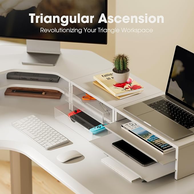 Fenge Dual Monitor Stand with Storage, Corner Desk Shelf for Top of Desk | Wooden Monitor Riser with Drawer and Slide-Out Tray, 2 Tier Storage, for Home Office, Computer, Laptop, Printer - Image 3