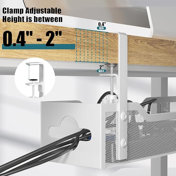Under Desk Cable Management Tray White, Litwaro Cable Management Under Desk No Drill, 25'' Cable Tray with Clamp for Wire Management, Cord Organizer for Office, Home - No Damage to Table - Image 2