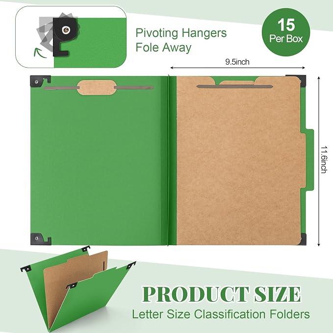Henoyso 15 Pcs Hanging Classification Folders Bulk with 2 Prongs, 1 Divider Letter Size, 2 Inch Expansions Pressboard File Folder, 1/3-cut Tab File Organizer (1 Divider,Green) - Image 2