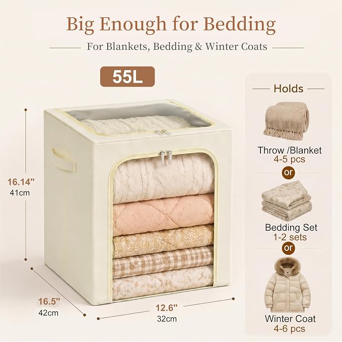GoMaihe Blanket Storage Bins with Metal Frame for Closet, 55L 6-Pack Beige | Winter Coat Clothing Comforters Bedding, Closet Top Shelf Organizer, Collapse-Proof Stackable, Clear Window Dual Access - Image 3