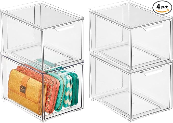mDesign Shoe Storage Box with Drawer – Sturdy Plastic Storage Box for Shoes – Stackable Drawer Box for Shoes, Accessories and More – Pack of 4 – Clear by mDesign