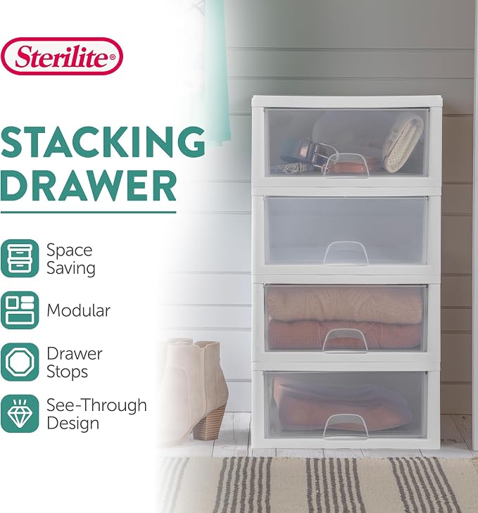 Sterilite 6-Pack 16 Quart Stacking Drawer, Clear Storage Closet Organizer, White Frame - Stackable Modular Plastic Drawers for Clothes, Accessories, Craft Supplies, Shoes or Linens - Image 4