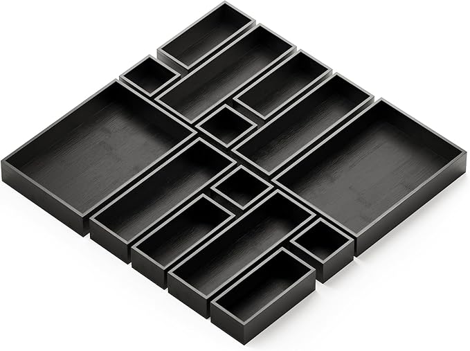SpaceAid 14-Piece Bamboo Drawer Organizer Storage Boxes Set, Wood Tray Junk Drawer Organizers Multi-Use Divider Bins for Kitchen, Bathroom, Office Desk and Makeup Organization (14 Pack, Black) by SpaceAid
