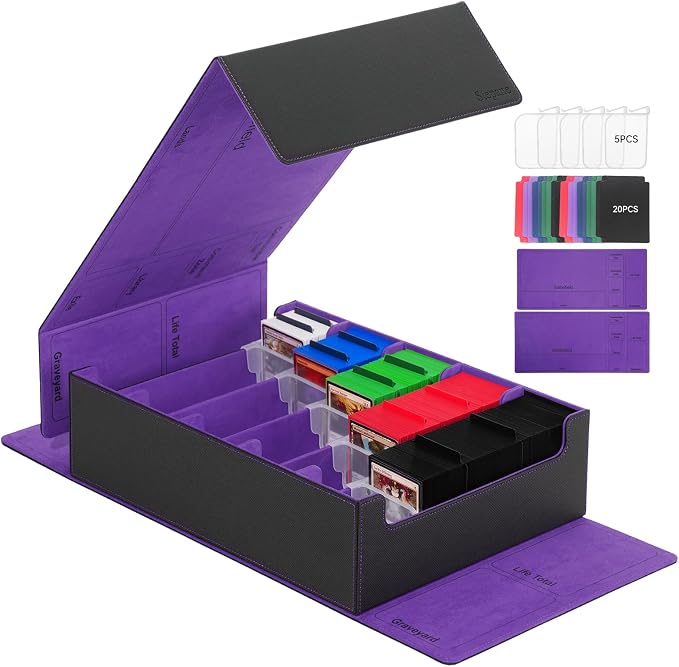 5 Row Trading Card Storage Box, 3800+Bulk Card Organizer Box with 20 Dividers & 5 Supporters, Graded Card Deck Box for YuGiOh, MTG, TCG with Double Lid Black/Violet by Stepane