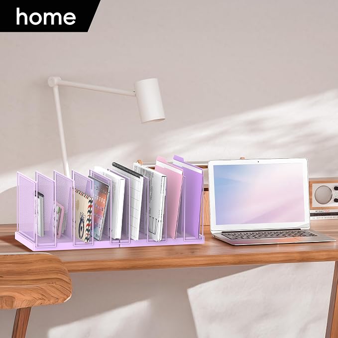 9-Section Desk File Organizer, Vertical File Holder, Mesh Desktop File Folder Metal File Organizer Stand for Office Home Classroom, Purple - Image 9