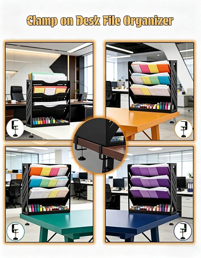 Yuxh 13 Inch 4 Tier Clamp on Desk Shelf Metal File Mail Bill Organizer | Drill-free mounting holder for workspace storage, heavy-duty metal rack for office paperwork sorting - Image 4