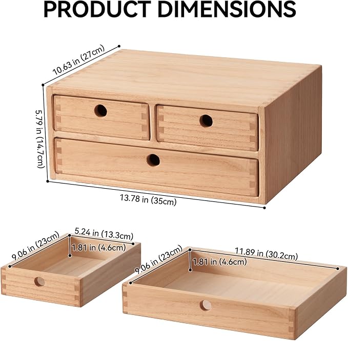 KIRIGEN Wood Desk Organizer with 3 Drawers, Desktop Storage, Natural 23-NA | Wooden Desktop Drawer Hold A4 Papers, Stationery, Jewelry, and Makeup, Fully Assembled for Home Office - Image 2