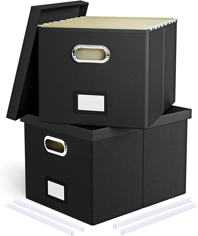 2 Pack File Storage Organizer Box, Portable Filing With Lid, Fit for Letter/Legal Folder Storage, Black (Leather) by Oterri