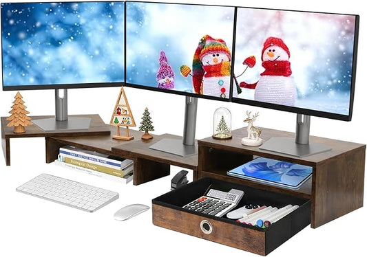 Monitor Riser for 3 Monitors, Angle Adjustable Monitor Stand with Drawer | Dual Monitor Stand for Desk, Dual Monitor Stand with Storage, Wooden Extra Long Triple Monitor Riser up to 52", Rustic Brown by CareDear