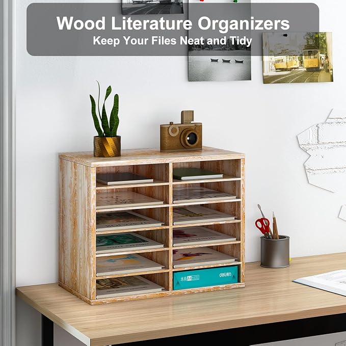 Countertop Mail Sorter Organizer, Wooden Literature Organizer, Student Mailbox for Classroom, Desktop Bill Organizer for Office Home School, 12 Compartments, Retro White - Image 3