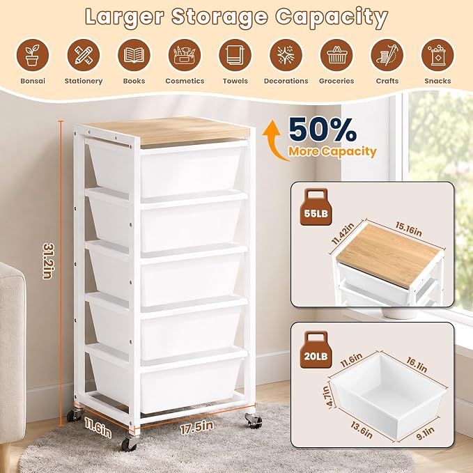 Rolling Cart with 5 Drawers, Plastic Drawer Storage Carts with Wheels & Wooden Tabletop, Metal Utility Cart for Office Bedroom Living Room Classroom, Craft Organization and Storage, White - Image 3