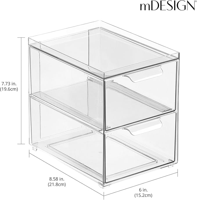 mDesign Stackable Storage Containers Box with 2 Pull-Out Drawers - Stacking Plastic Drawer Bins for Master or Guest Bathroom, Linen Closet, Vanity, or Makeup Table - Lumiere Collection - 8 Pack, Clear - Image 3