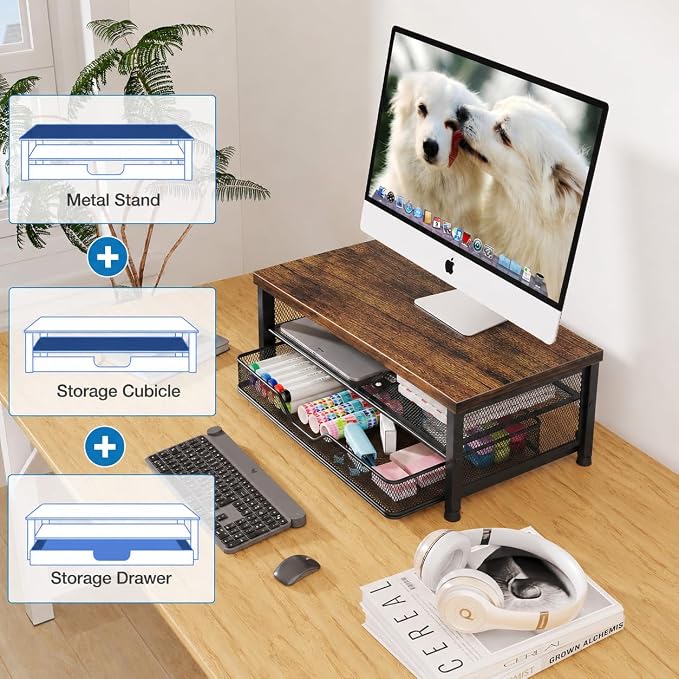 Computer Monitor Stand Riser, Desk Organizer with Drawer, Printer & Laptop Stand, Office Desk Accessories & Workspace Desktop Organizers Storage for Office Supplies(Brown) - Image 3