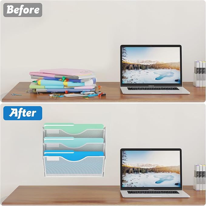 Gawerk 3 Tier Hanging Wall File Organizer, Mesh Mail Paper Orgnization Hanging File Folder Holder for Home Office, White - Image 4