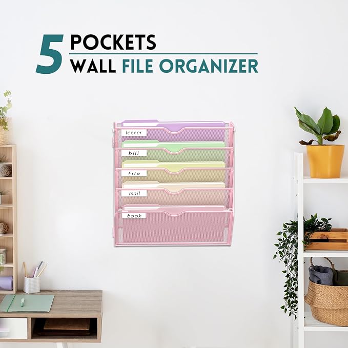 5 Tier Wall File Organizer, Hanging Wall Mounted Mail Organizer with Label Slots, Metal Mesh File Holder Magazine Rack for Office, Home, School, Pink - Image 4