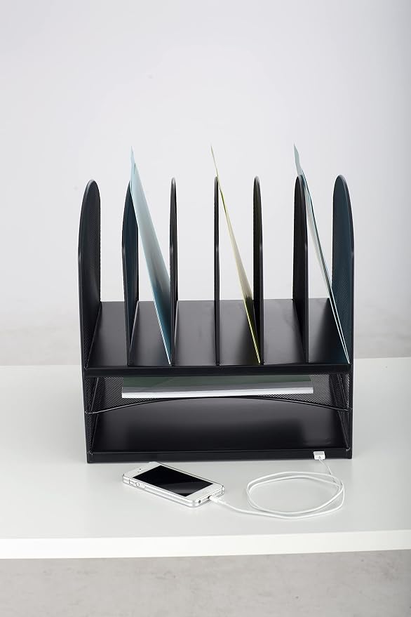 Safco 3233BL Onyx Mesh Powered Charging Station Desktop Organizer with 6 Vertical, 2 Horizontal Sections and USB Port, Black, 13.25"W x 11.5"D x 13"H - Image 2