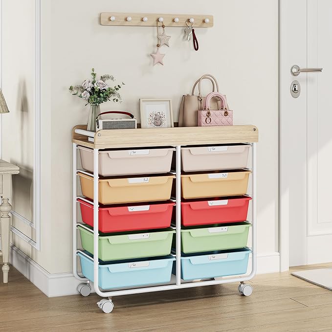 10 Drawer Rolling Storage Cart with Wood Top for Classroom Crafts Colorful | Easy Setup, Large Capacity, Sturdy Build, Lockable Mobility, For office, classroom and home supplies - Image 8