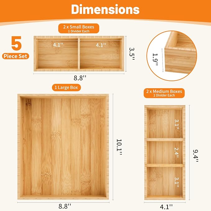 Bamboo Drawer Organizer, 5-Piece Stackable Trays with Removable Dividers | Junk drawer organizer, assorted tray sizes, 5-11 customizable compartments, nestable, kitchen utensils, bathroom, office - Image 2