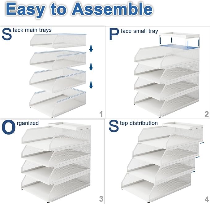 Natwind 4-Tier Stackable Metal Mesh Desk Paper Tray Organizer,White | Desktop Accessories for Office Supplies, Letter Tray For Paper Storage ,File Document Holder For Home School Classroom - Image 7