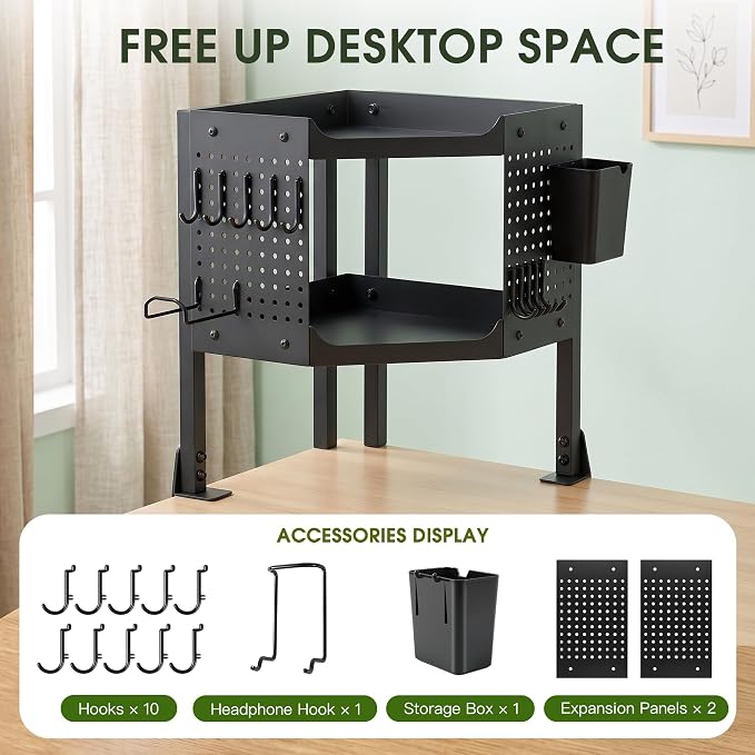 2-Tier Metal Clamp On Desk Shelf, Desk Organizer with 2 Pegboards and Hooks | Heavy Duty Corner Desk Shelf with Removable Pegboards Headphone Holder Pencil Cup and Hooks for Desk organizers Accessories - Image 5