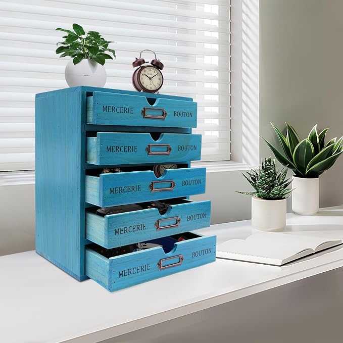 5 Drawer Wooden Desk Organizer, Wooden Storage Box Desktop Storage, Countertop Drawers Library Card Catalog Cabinet Apothecary Cabinet, Vintage Wood Home Office Desk Organizer (Blue) - Image 4