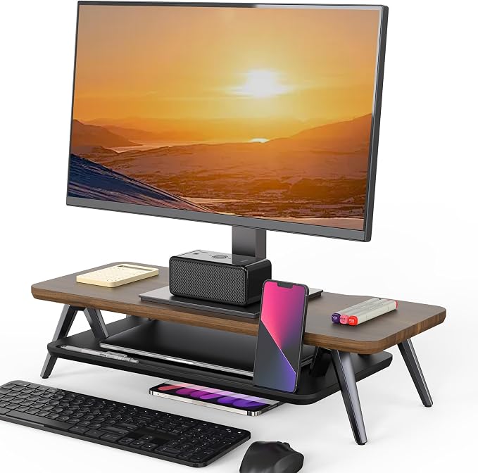 Fenge Monitor Stand Riser, Wooden Desk Shelf with 2-Tier Storage | 23.6-Inch Wide, Sturdy Aluminum Legs, Built-In Phone & Tablet Slot, Desktop Organizer for Office Accessories by Fenge