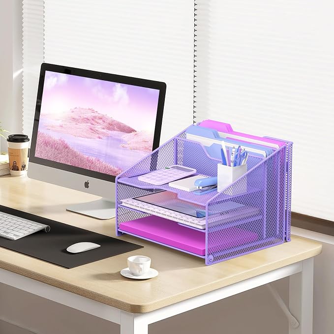 Samstar Purple Desk File Organizer, Mesh Letter File Folder Holder with 3 Paper Trays and 2 Vertical Upright Section, for Office Supplies, Desk Accessories & Workspace, Purple - Image 3