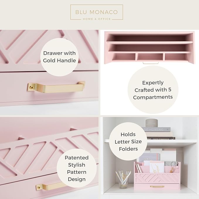 BLU MONACO | Pink Desk Organizers Wooden Mail Organizer with Drawer | Mail Sorter Organizer Countertop Gold Handle | Desk Organizers and Accessories Pink Office Storage - Image 6