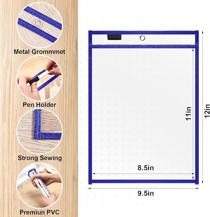 Nezyo Dry Erase Pockets Plastic Job Ticket Holders Shop Holder Order Pockets Clear Sleeves Tickets Folders Plastic Sleeves Paper Teacher Supplies for Classroom(12 x 9.5 in,Blue,50 Pcs) - Image 2