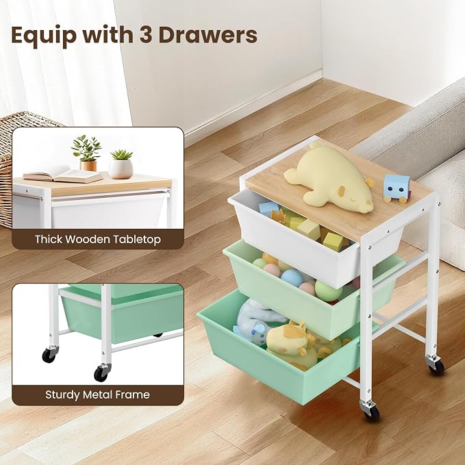 Rolling Cart with 3 Drawers, Plastic Drawer Storage Carts with Lockable Wheels & Wooden Tabletop, Metal Utility Cart Organizer, Office Bedroom Classroom Craft Organization and Storage, Bright Green - Image 5