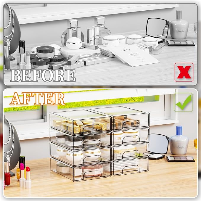 2.2'' Tall Acrylic Clear Stackable Storage Drawer Organizer,8 Pack Desk Organization and Storage,Plastic Office Supply Organizer,Drawer Storage Organizer for Makeup,Accessory,Pen,Art Crafts - Image 8
