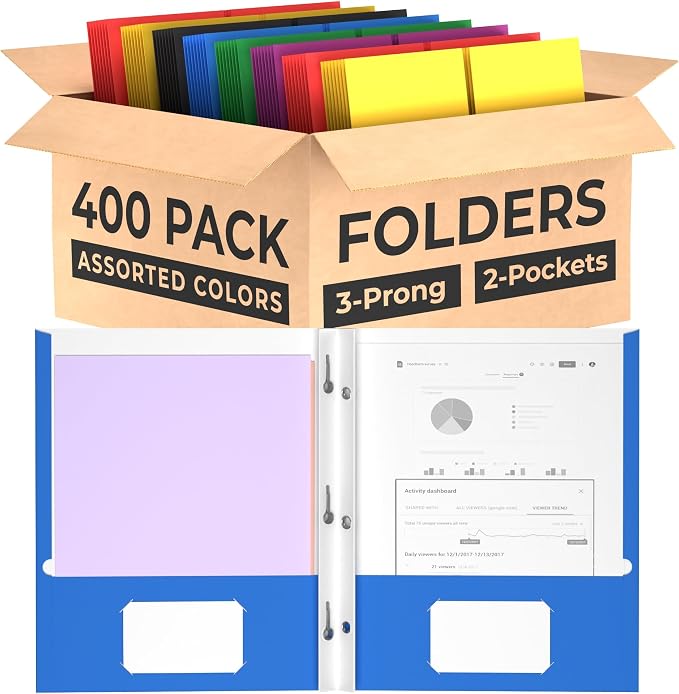 Folders with Pockets and Prongs (400 Pack) 2 Pocket Folders with 3 Prongs for School Paper Folders with Pockets by E-CLIPSUSA