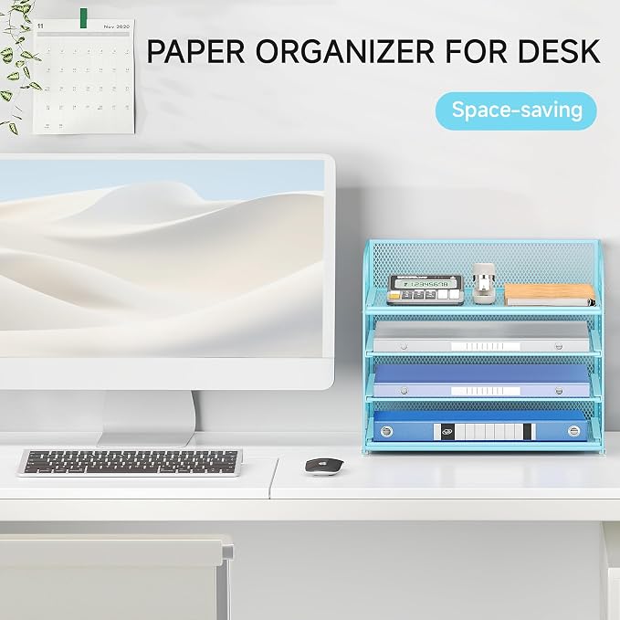 Lavatino 4-Tier Paper Organizer Trays - Blue Mesh File Folder Sorter with Handles, Desk Letter Holder Organizer for Office, Home, School Supplies Storage & Organization - Image 2