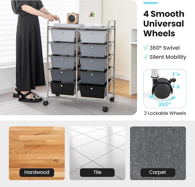 Giantex 10 Drawers Rolling Cart, Classroom Organizers, Storage Cart with Wheels, for Teacher Office Home School Supplies Tool Craft Art Paper, Black Gradient - Image 7