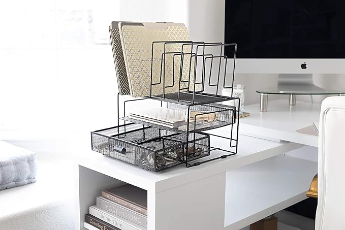 BLU MONACO | Black Wire Mesh Desk Organizer with Drawer | Desk Associates Women Office Set | File Sorters and Mesh Pen Holders Desktop Storage System - Image 4