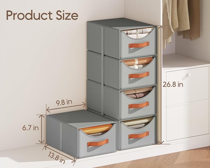 Stackable Storage Drawers - Collapsible Storage Bins with Drawers, 4 Pack Closet Shelf Organizer Basket, Fabric Pull Out Organizer for Bedroom, Living Room, Dorm, Grey - Image 3