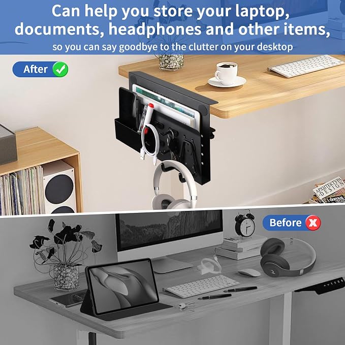 LUKETURE Desk Side Storage, No Drill Laptop Side Desk Mount, Steel Hanging Organizer, with Pegboard Accessories, Clamp on Laptop Holder for Office and Home, Fits Flat Edge Tables 0.3" to 2.8" - Image 9