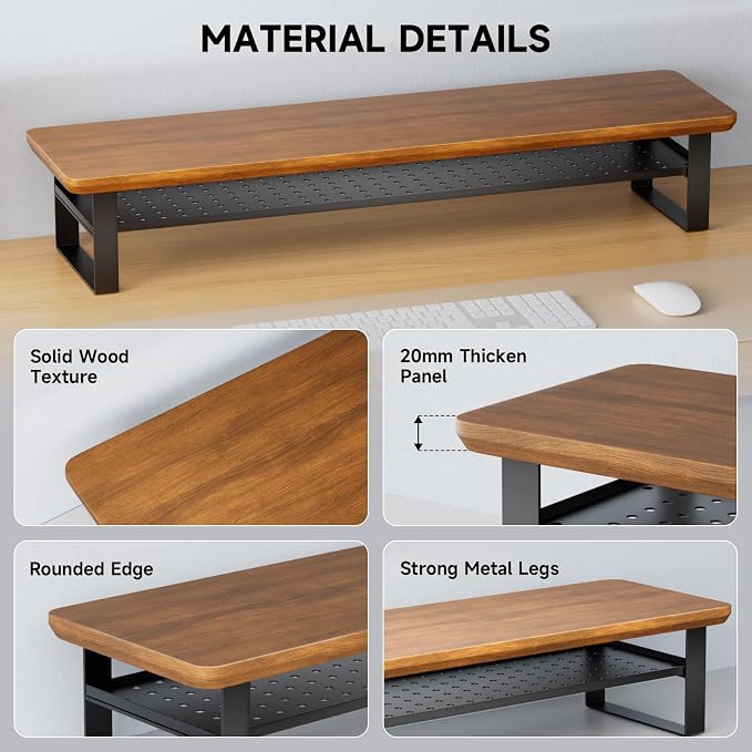 Dual Monitor Stand, 35.4 Inch Monitor Stand Riser for 2 Monitors, 2 Tiers Wood Desk Shelf with Storage, Desktop Organizer Stand for Computer, Laptop, Printer, TV - Image 5