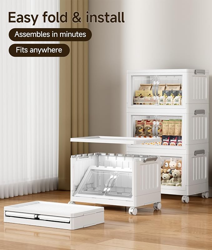 Hanyi 105 QT Stackable Storage Bins with Lids, 3 Tier Collapsible Plastic Storage Cabinet with Magnetic Doors, Removable Top Lid, Locking Wheels, Closet Organizer for Bedroom, Pantry, Office - Image 3