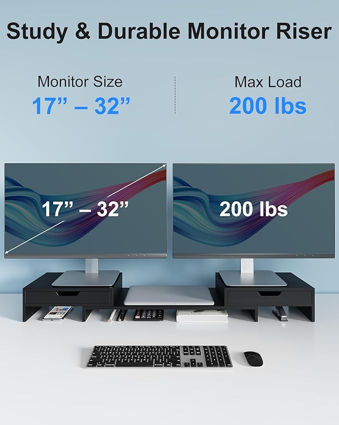 Epesoware Dual Monitor Riser with Two Drawer for Desk, No Assembly Required | Premium Bamboo Dual Monitor Stand with Storage, Desk Monitor Shelf for Computer, IMac & Laptop, Desk Organizer, Black - Image 4