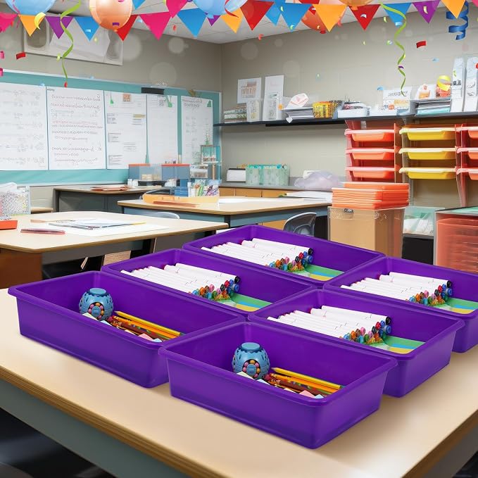 18 Pcs Flat Storage Organizer Bins Letter Size Paper Tray Classroom Storage Plastic Art Trays Classroom Pencil Organizer Baskets for School Office Teacher Book Organization(Purple) - Image 7