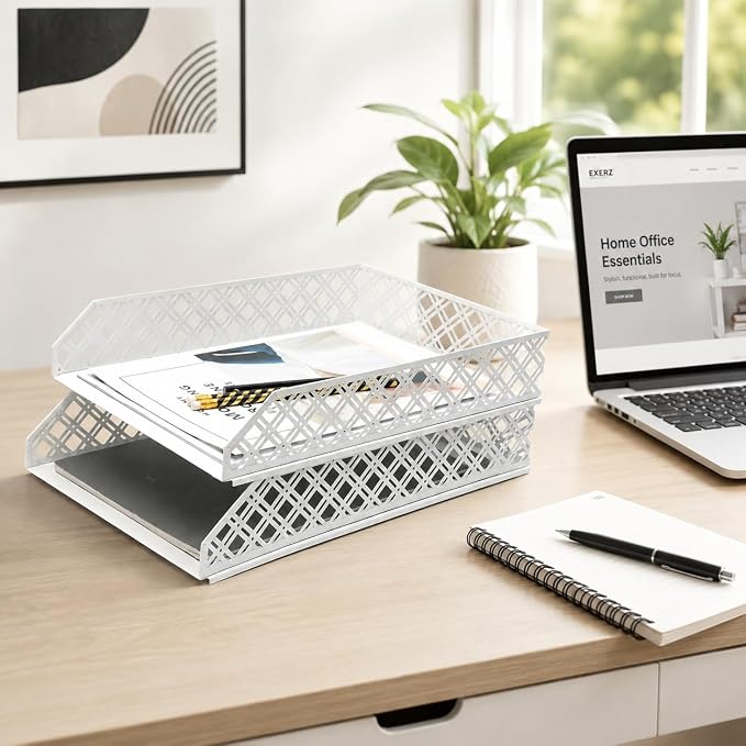 Exerz Letter Trays 2pcs Stackable Paper Sorter/Desk Organiser/File Tray for Desk - Wire Mesh Metal File Rack - Office, School, Home Study (White) - Image 5