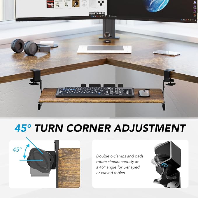 Keyboard Tray Under Desk Pull Out with Extra Sturdy C Clamp Mount System, 27.3 (32.5 inch Including Clamps) x 11 Inch Slide-Out Platform Computer Drawer for Typing Vintage AX01WG02 - Image 9