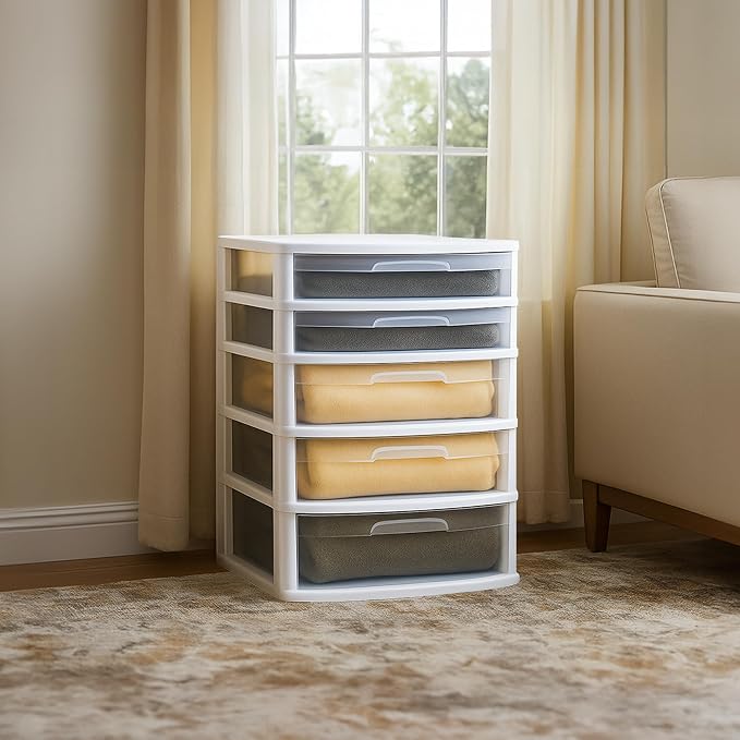 HOMZ Drawer Tower, 5-Tier Storage Cart with Removable Wheels, White Frame | Extra-Wide Plastic Organizer with Clear Bin Drawers for Bedroom, Bathroom, Home Office, and Dorm Rooms - Image 2