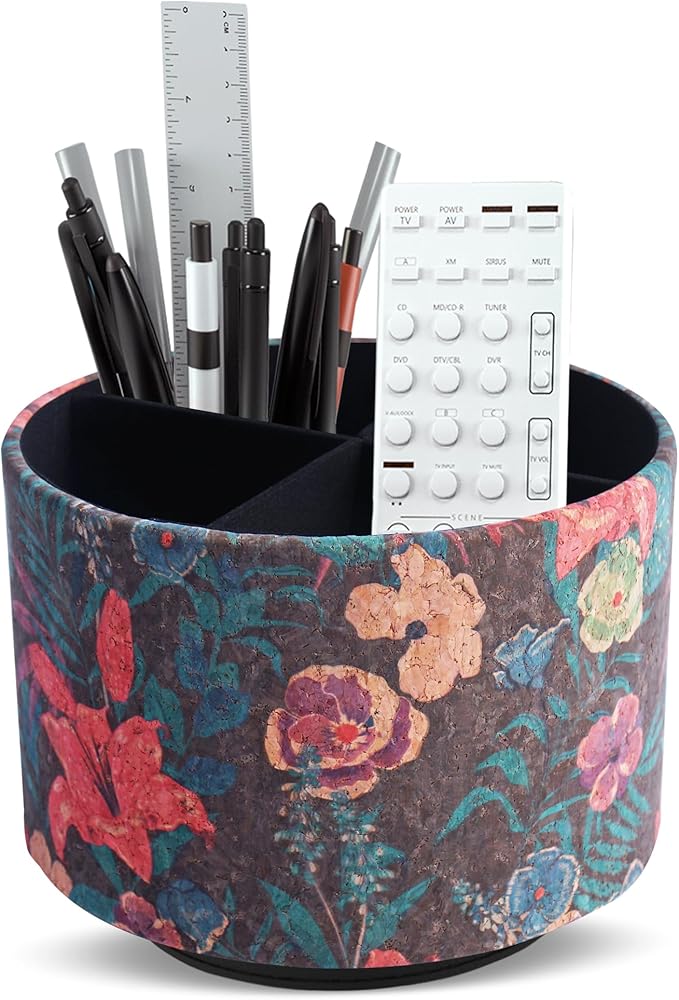 Round Leather Art Supply Organizer,Remote Control Holder,360 Degree Spinning,Multi-Functional Pencil Holder,4 Compartments Desktop Stationary Organizer(1-Wood Leather Red)